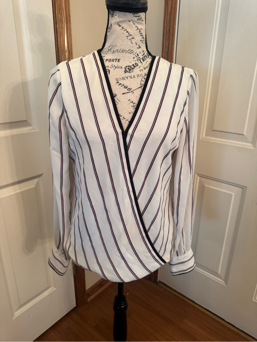 White House Black Market White Blouse with Navy & Dark Red Stripes